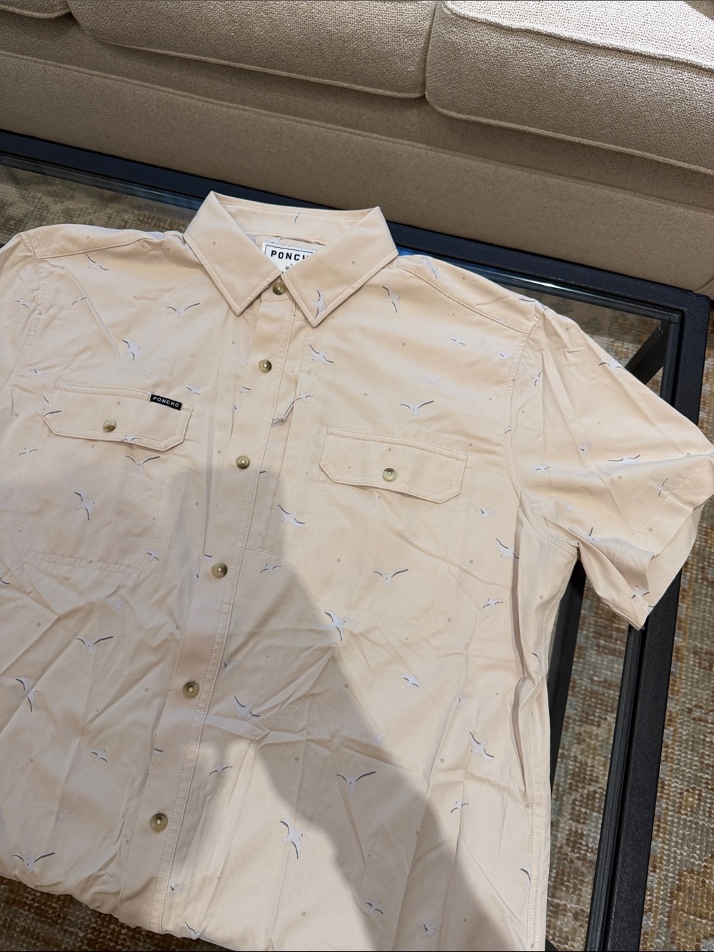 Poncho Outdoors Short Sleeve Shirt in Light Beige (bird pattern) slim large